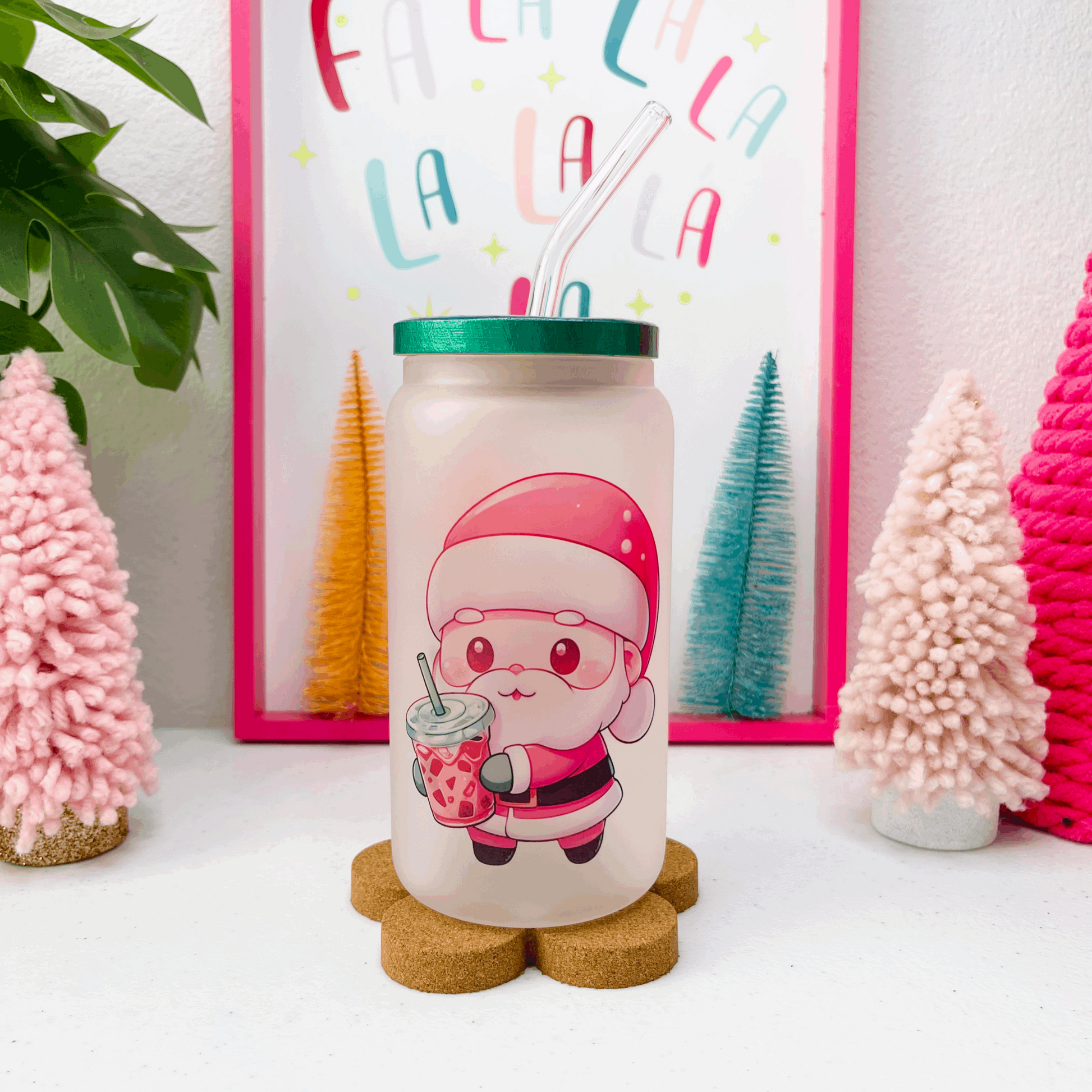 Kawaii Santa Frosted Glass Can