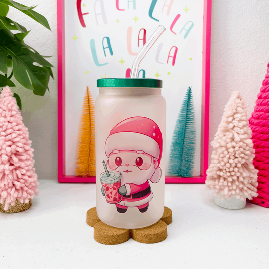 Kawaii Santa Frosted Glass Can