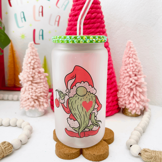 Christmas Gnome Frosted Glass Cup