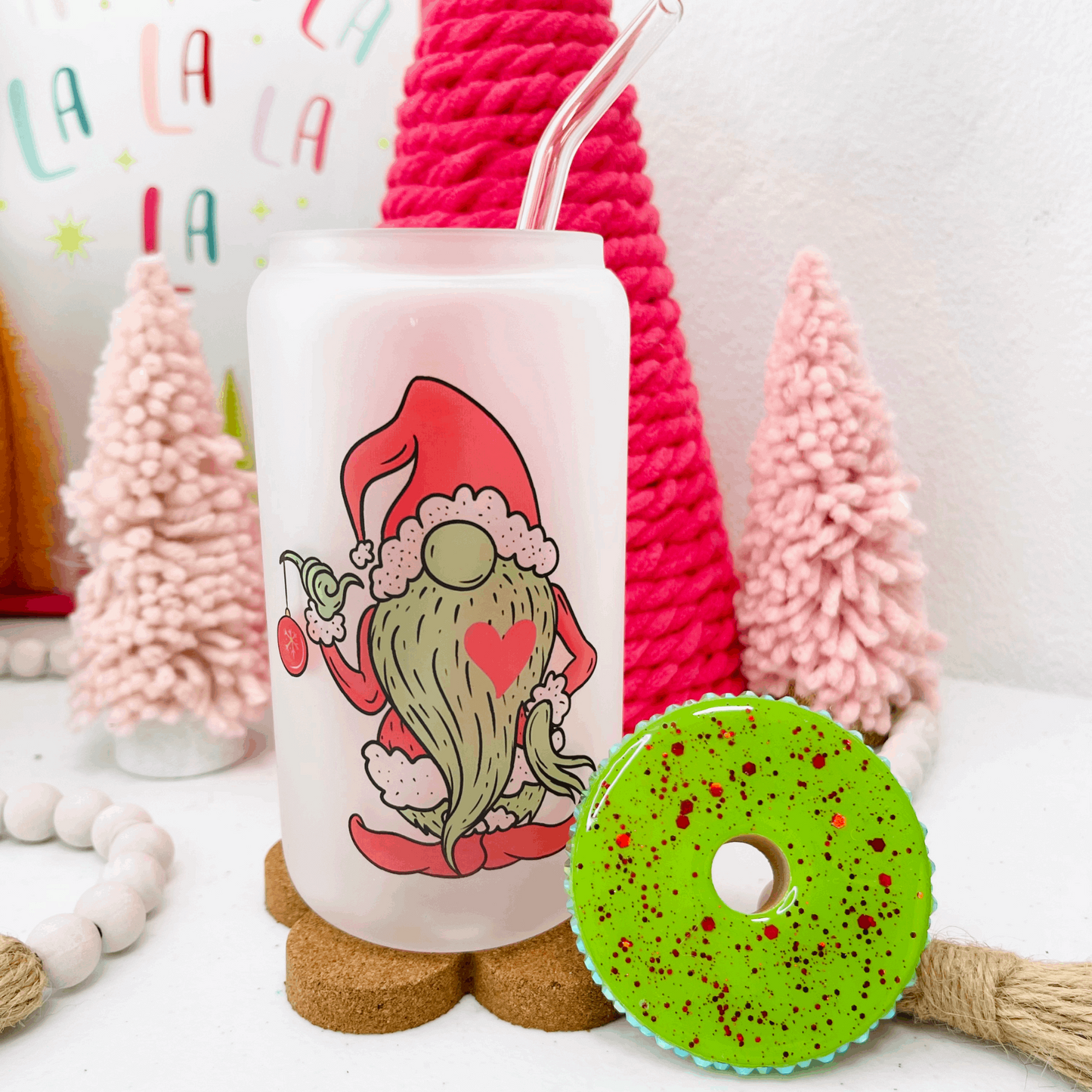 Christmas Gnome Frosted Glass Cup