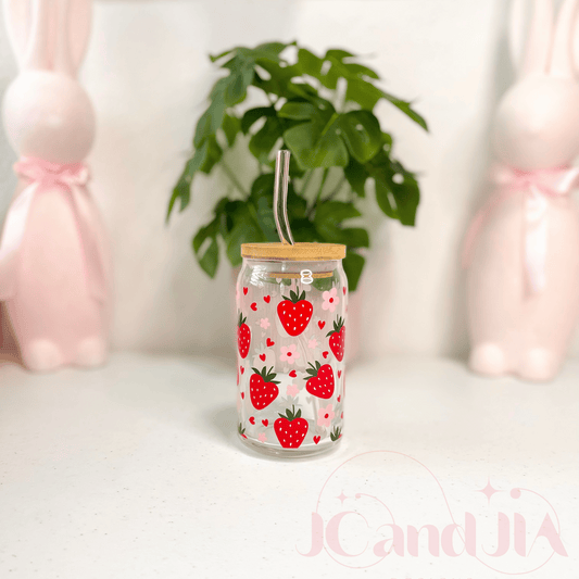 Floral Strawberries Glass Cup